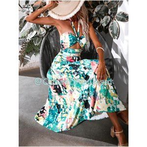 Vacation Allover Print Cut Out Front Ruffle Halter Backless Maxi Dress L 8/ 10